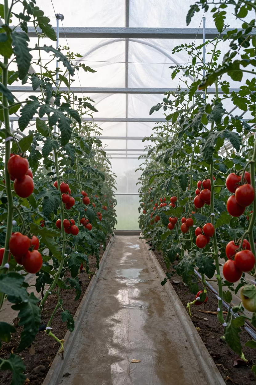 Red Tomatoes Glowing in Humid Morning Greenhouse Light in inside a village olive press in Maryland