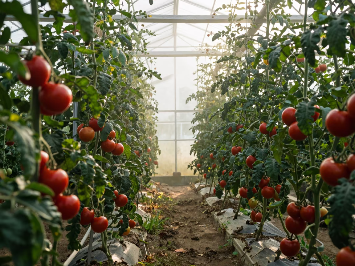 Red Tomatoes in Nanchang Greenhouse Morning Light in inside a humid greenhouse aisle in Nanchang