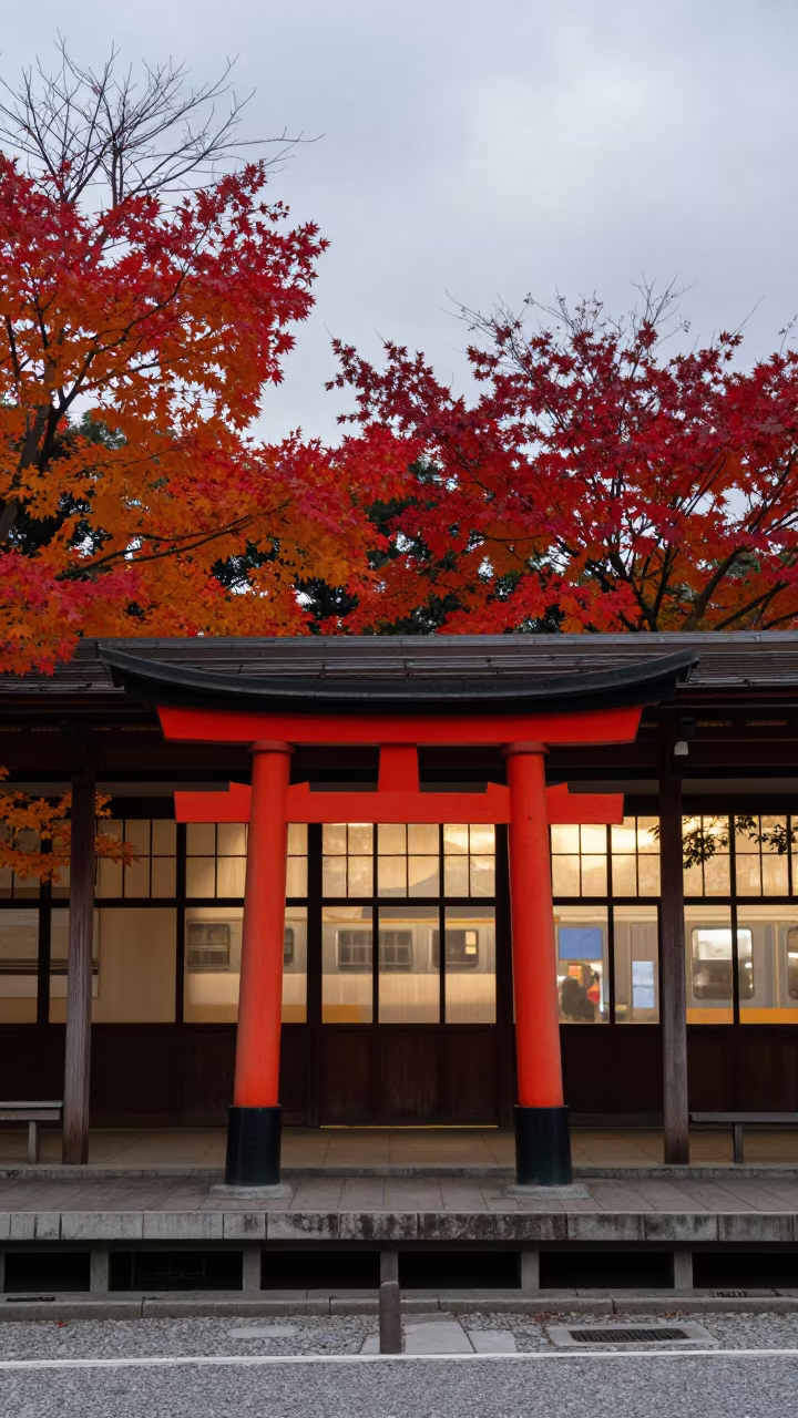 Red Torii Gate Amidst Autumn Leaves in Kyoto Terminal in inside a restored train terminal in Kiyomizu, Kyoto