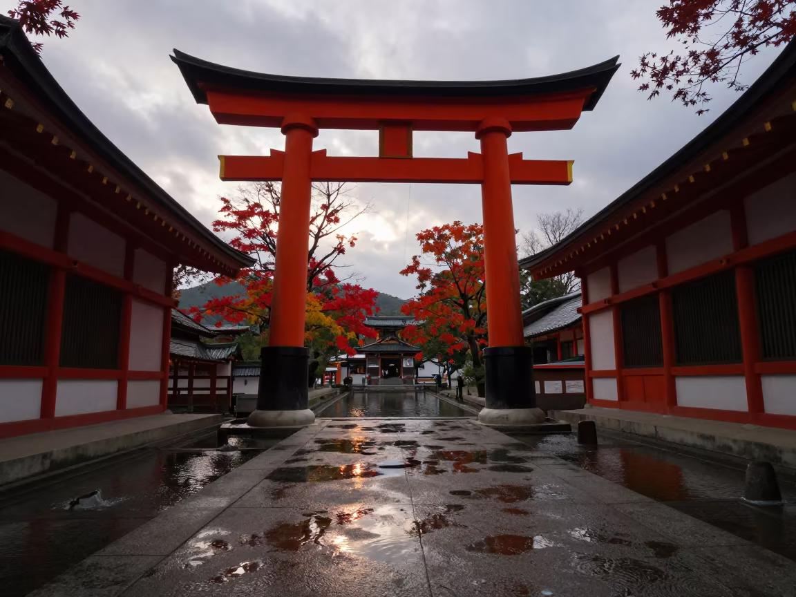 Red Torii Gate in Autumn Atrium Osaka in inside a vaulted atrium in Osaka