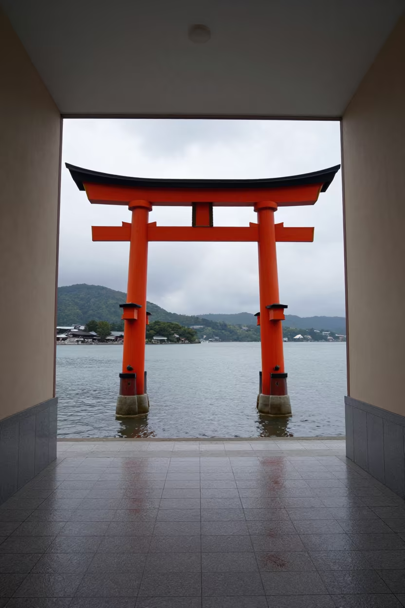 Red Torii Gate in Tiled Hall at High Tide in inside a tiled stair hall in Kanazawa