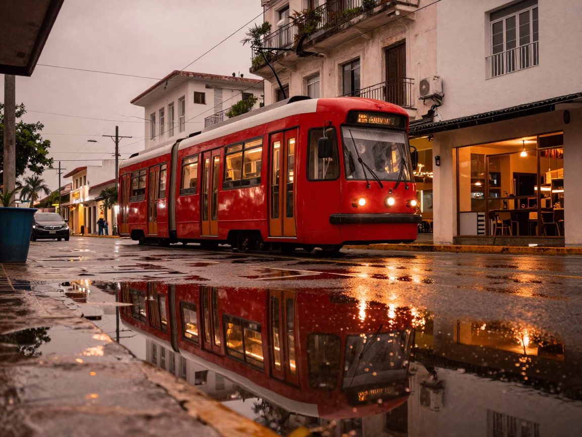 Red Tram Reflection in Cancun Puddle Before Dusk in outside a corner cafe in Cancun