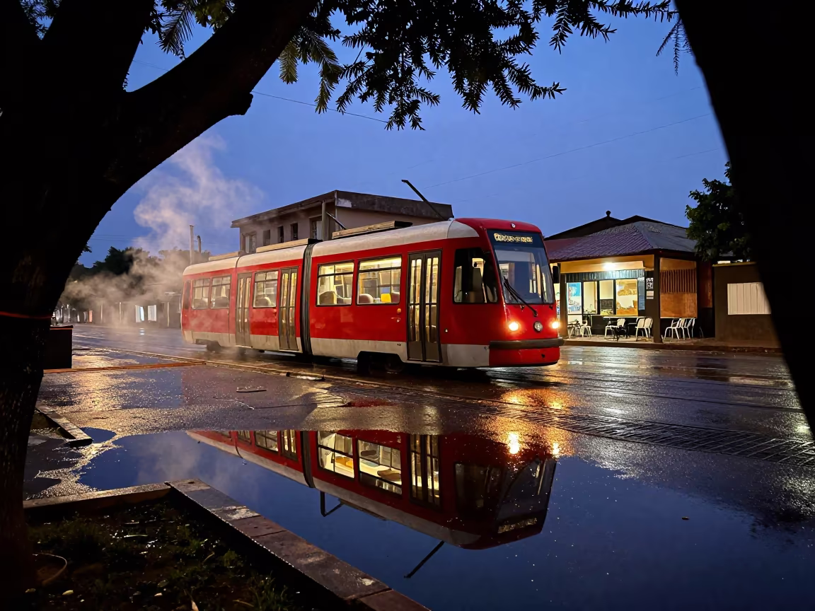 Red Tram Reflection in N'Djamena Puddle Twilight in outside a corner cafe in N'Djamena