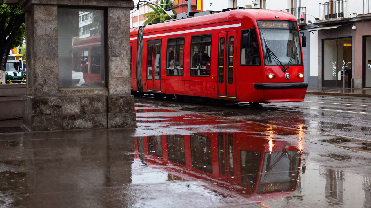 Red Tram Reflection Rain Darkened Kiosk Guadalajara in by a rain-darkened kiosk in Guadalajara