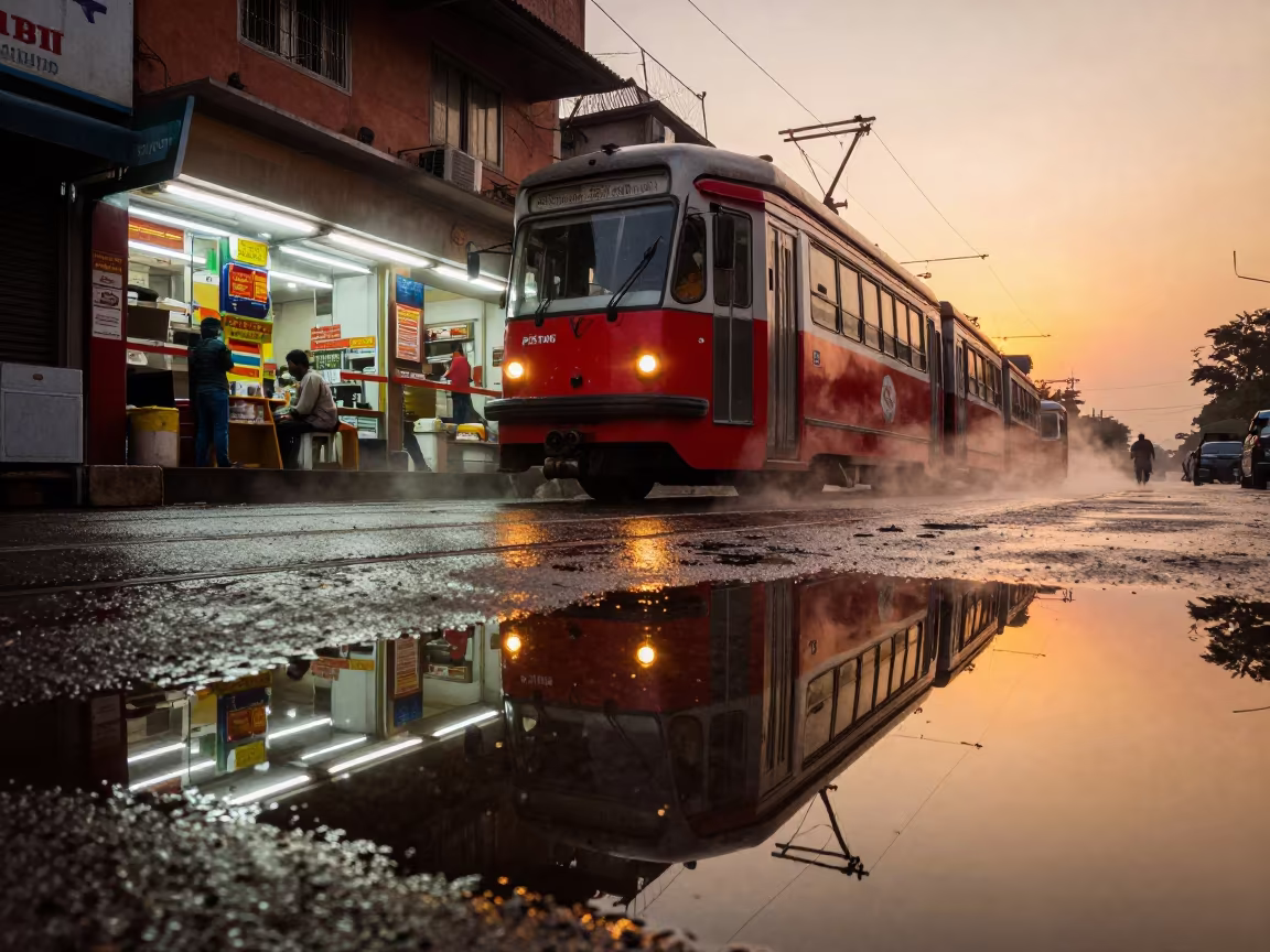Red Tram Reflection in Rainy Ahmedabad Evening in outside a fluorescent convenience store in Ahmedabad