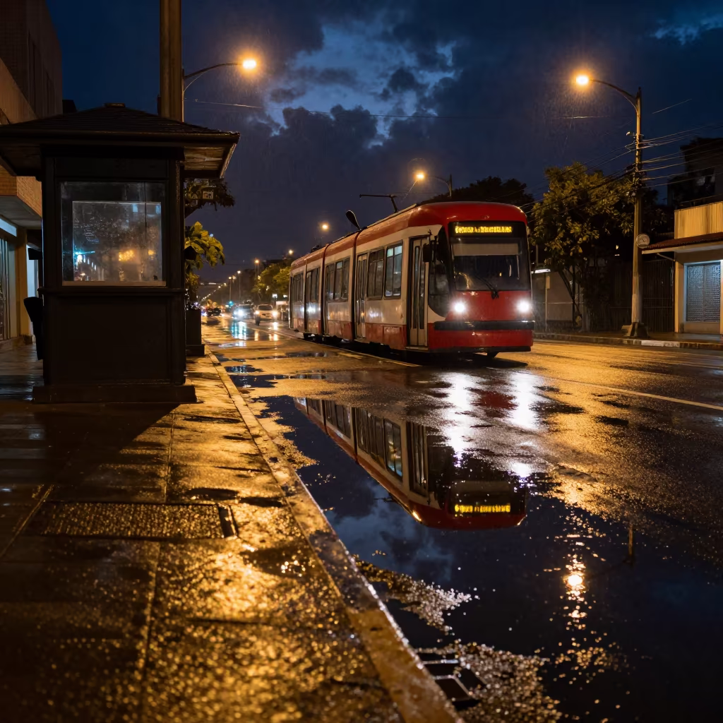 Red Tram Reflection in Rainy Panama City Night in by a rain-darkened kiosk in Panama City