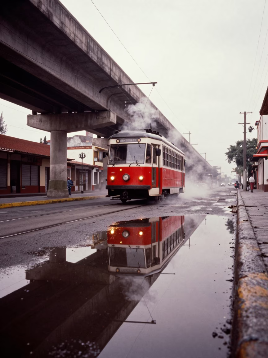 Red Tram Reflection in Zapopan Puddle in under an elevated train line in Zapopan