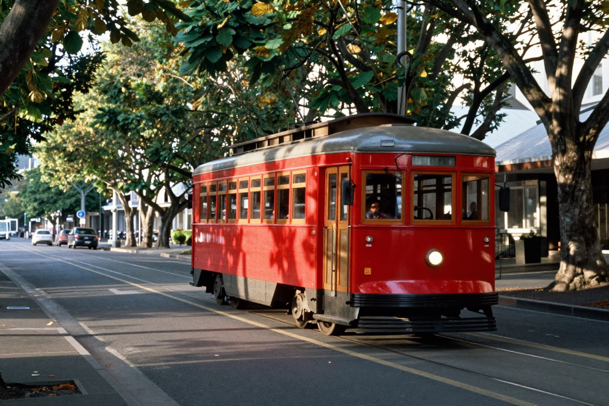Red Tramcar Passing Tree-Lined Boulevard in Late Morning Wellington New Zealand in in Wellington, New Zealand