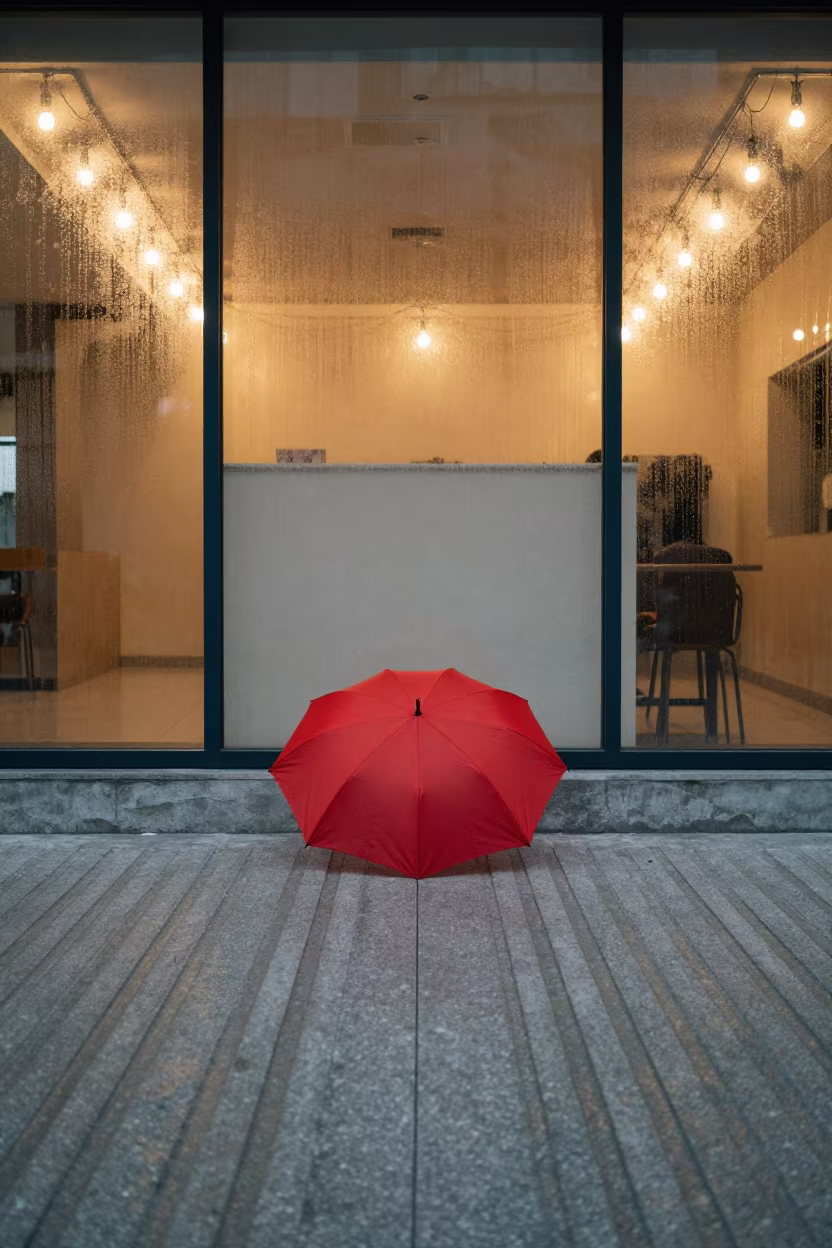 Red Umbrella on Wet Grey Pavement in inside a ribbed concrete lobby in Puerto Ayacucho