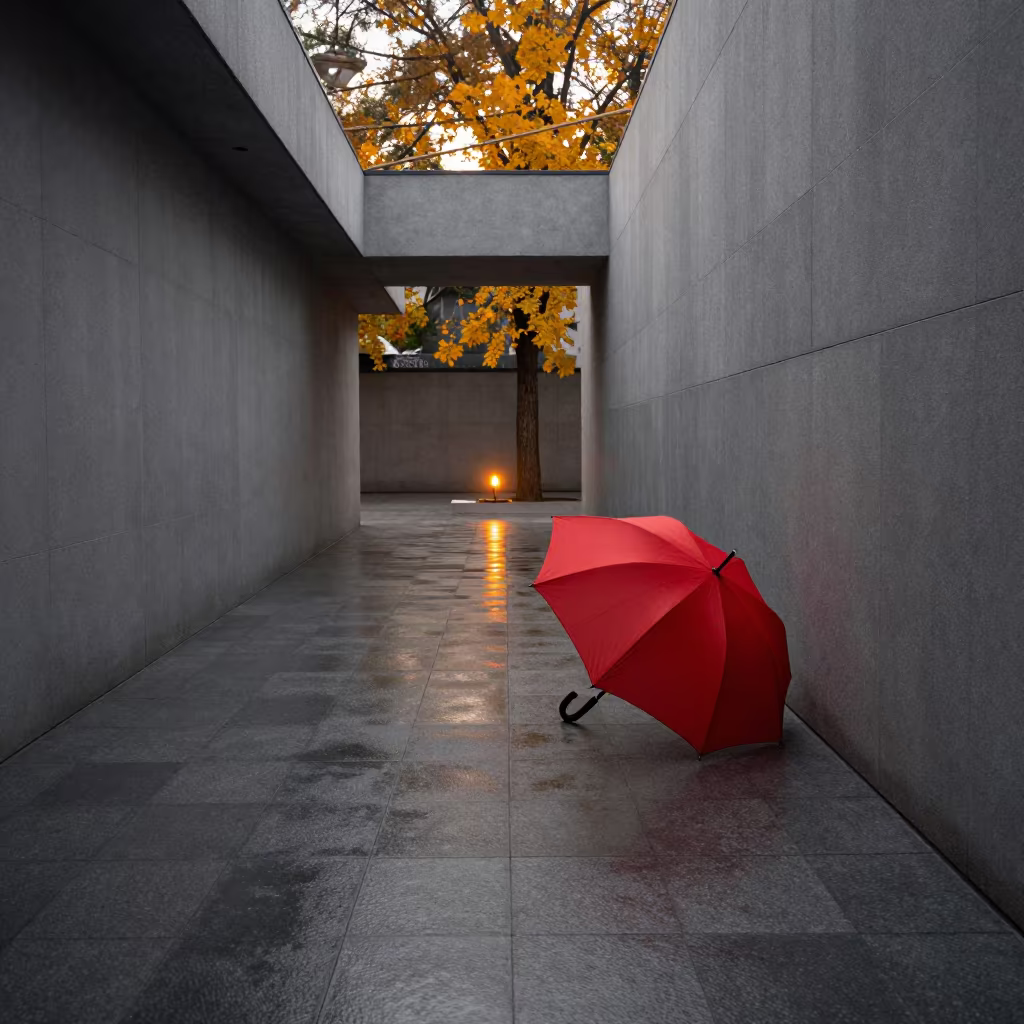 Red Umbrella Wet Pavement Golden Hour in inside a skylit passageway near Dashilar, Beijing