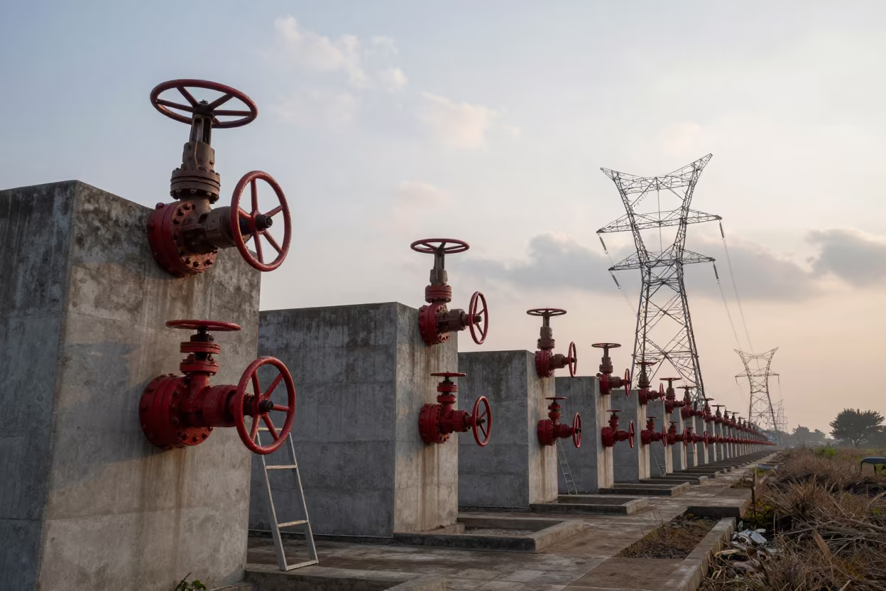 Red Valve Wheels in Java Sluice Room in beneath transmission towers in Java