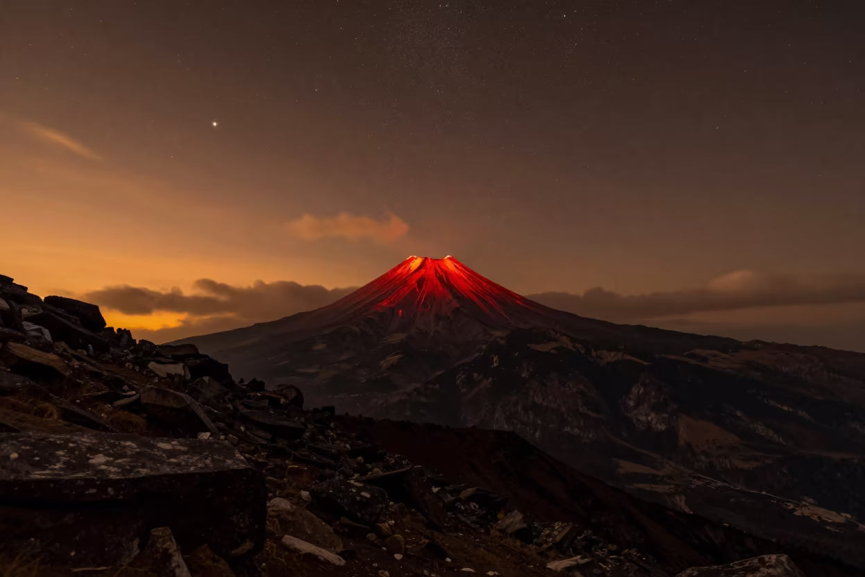 Red Volcanic Summit Glowing Under Stars at Sunset in at a rocky saddle overlooking a mountain valley near Kathmandu