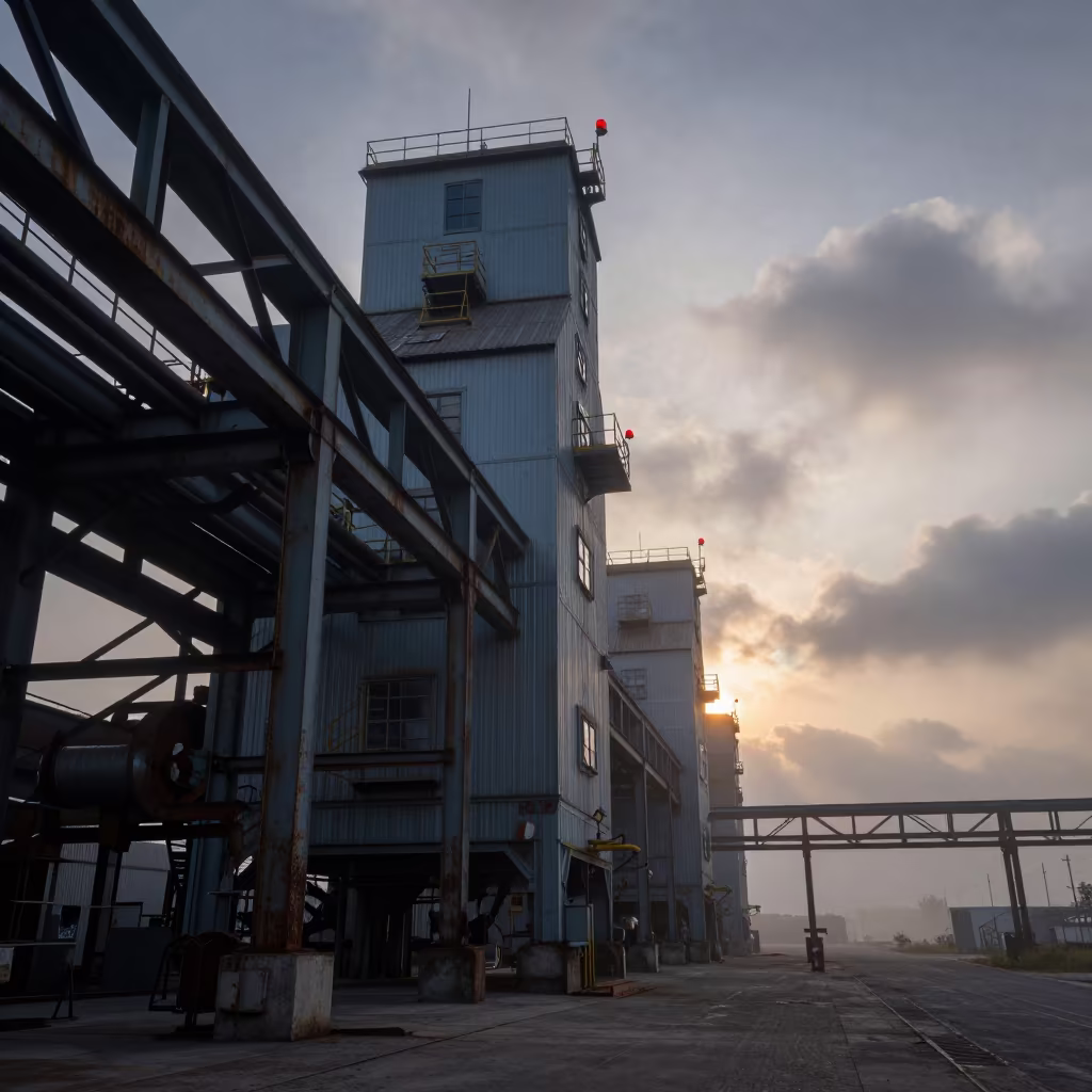 Red Warning Lamps in Grain Elevator Foundry Before Dawn in inside a grain elevator near Gómez Palacio