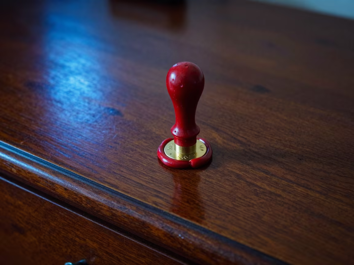 Red Wax Seal on Lacquered Barcelona Dresser in on a writing desk in Barcelona