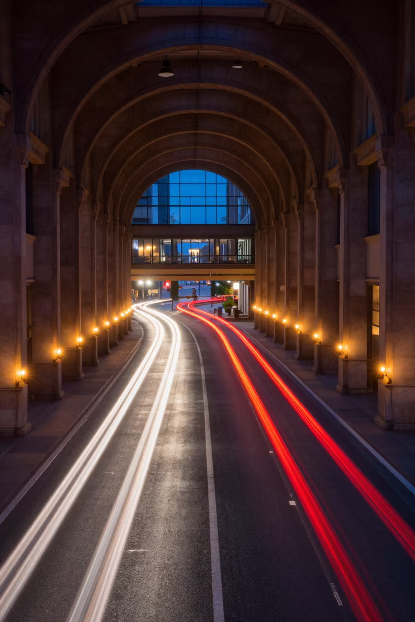 Red White Traffic Trails in Vaulted Atrium Maturin in inside a vaulted atrium near Maturín