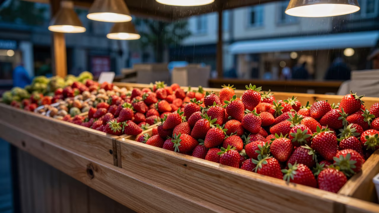 Red Wild Strawberries on Cologne Market Stall in at a market stall counter in Cologne