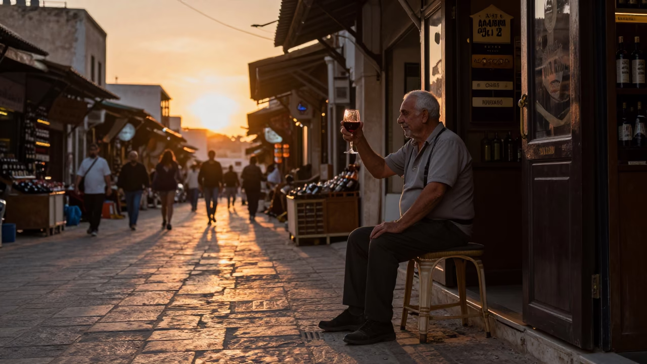 Red Wine in Tunis at As The Sun Drops Toward The Horizon in in Tunis, Tunisia