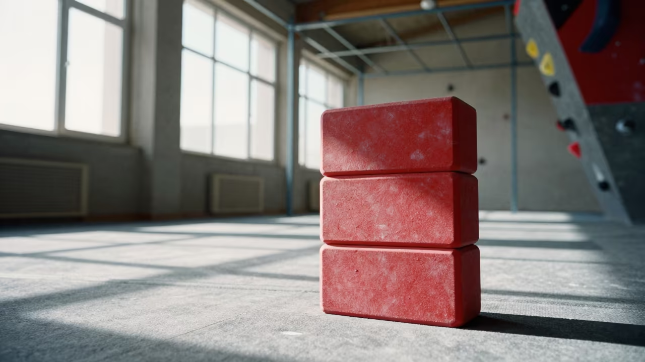 Red Yoga Block Tower in Tabriz Climbing Gym in inside a climbing gym warmup zone near Tabriz