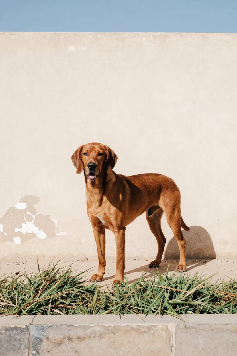 Redbone Coonhound Beside Kassala Wall in beside a plain courtyard wall in clear daylight with the animal at eye level in Kassala