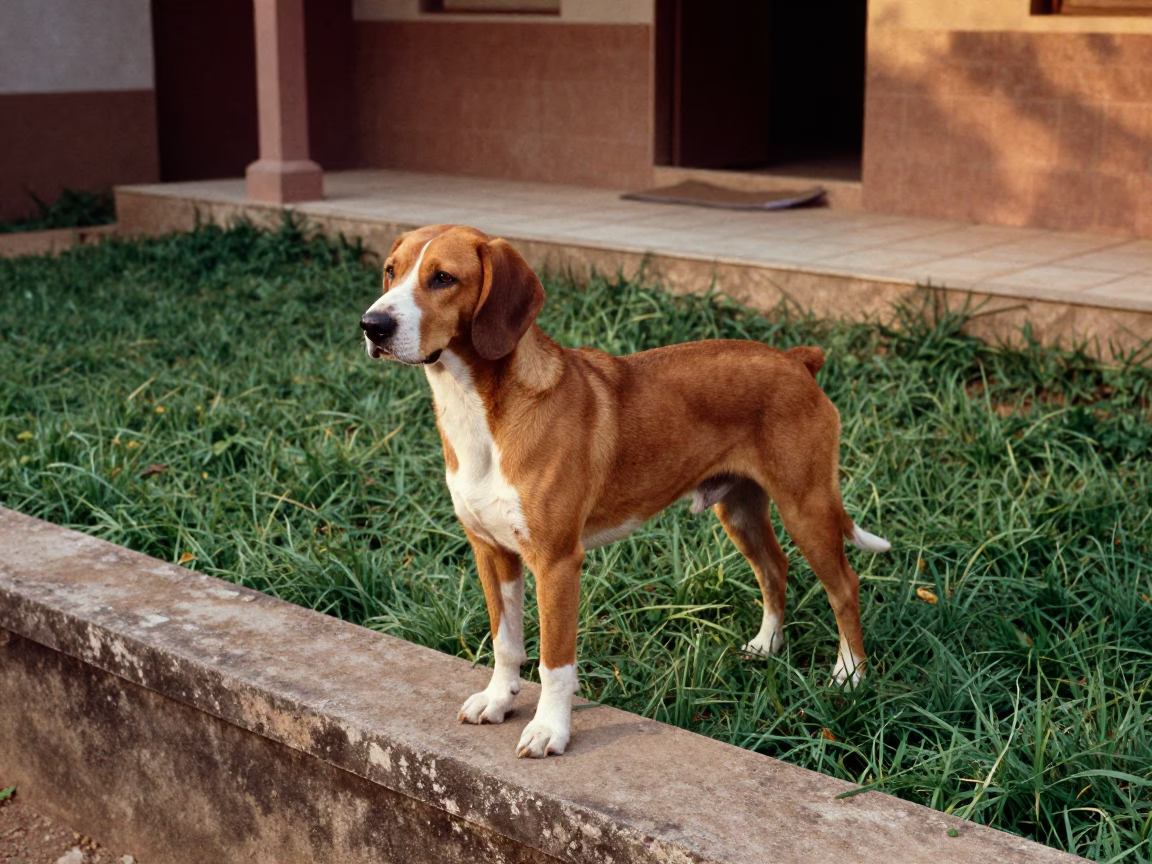 Redbone Coonhound in Gampaha Yard Late 70s in in a small yard with clipped grass, calm light, and the animal centered in frame in Gampaha
