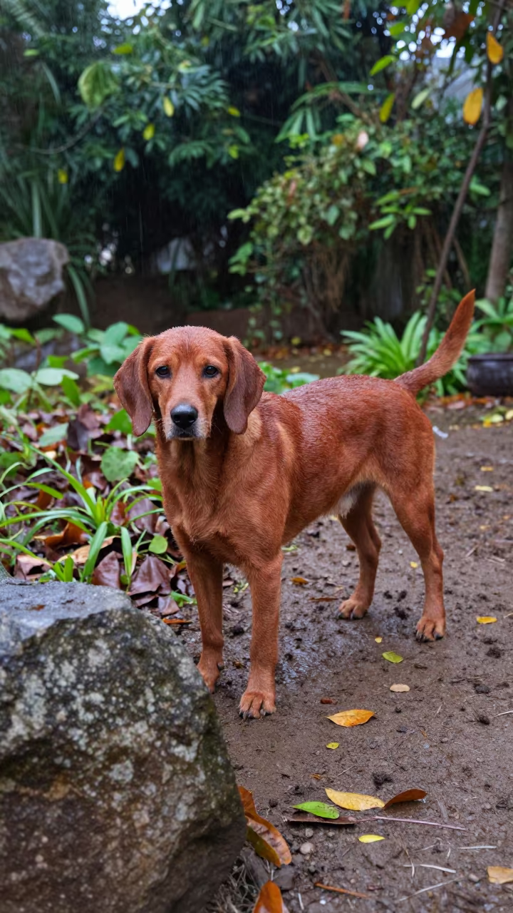 Redbone Coonhound in Xiamen Garden Morning in near a garden edge with soft morning light and an uncluttered background in Xiamen