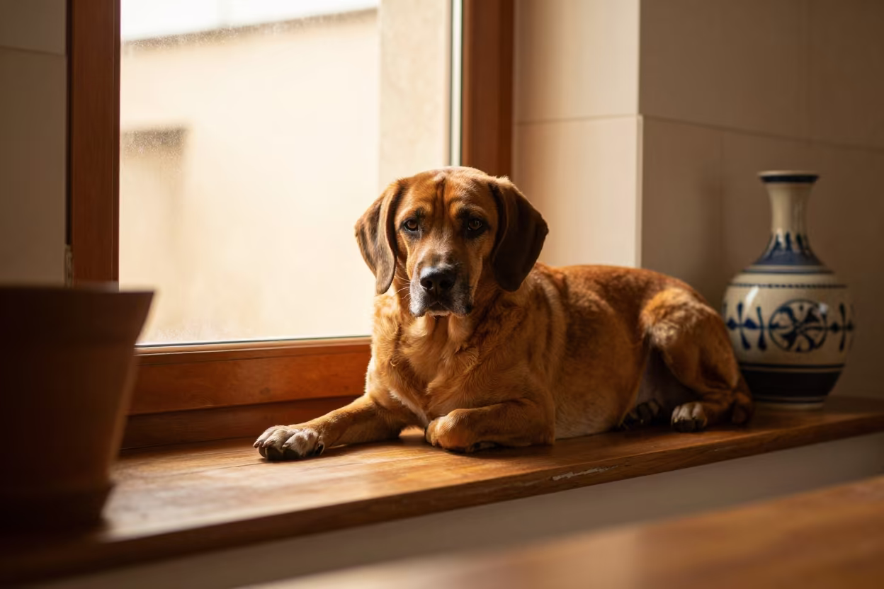 Redbone Coonhound on Ankara Window Seat in on a window seat in a quiet apartment with soft side light in Ankara