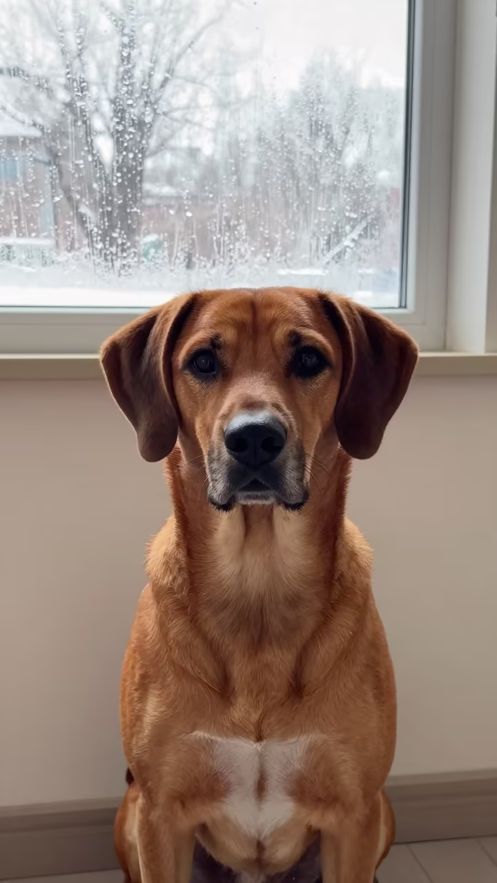 Redbone Coonhound Portrait Beside Plaster Wall in beside a plain plaster wall in soft indoor light with the animal centered in frame near Lanzhou