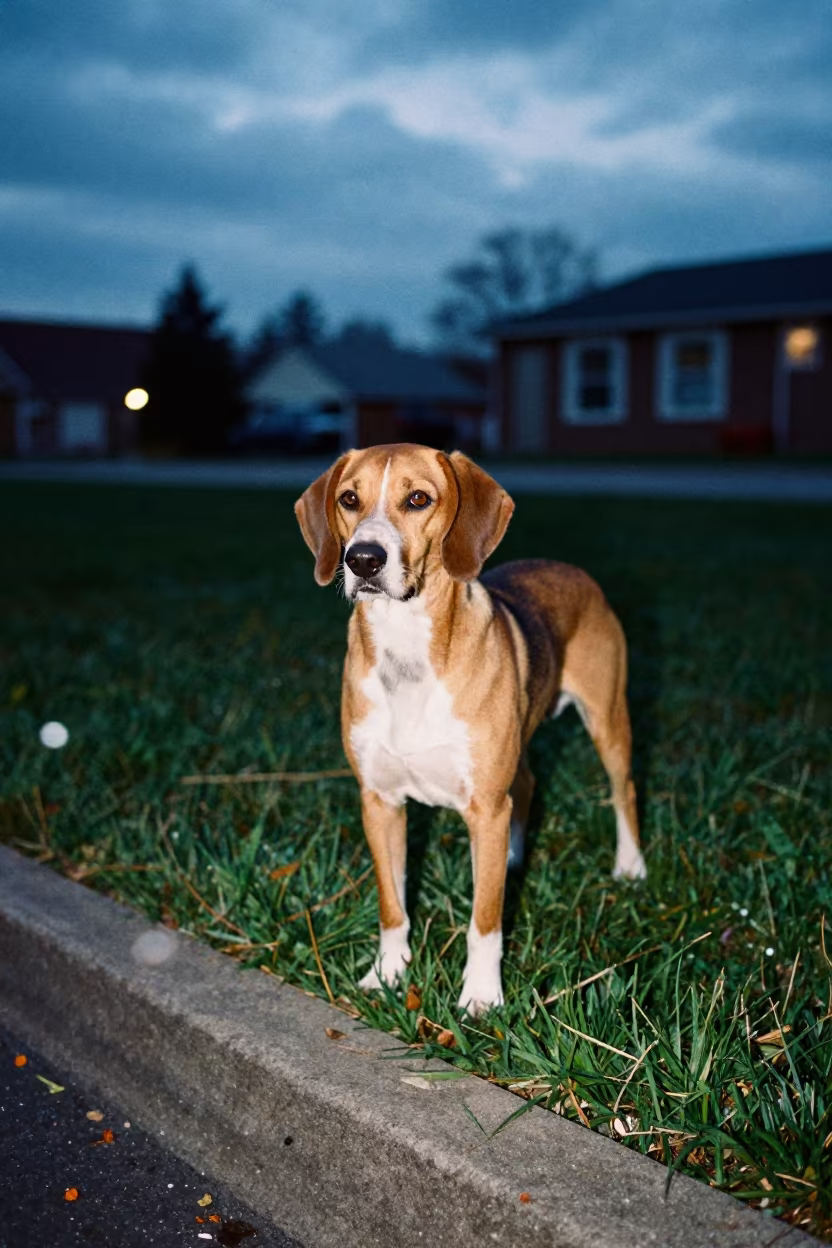 Redbone Coonhound Portrait in Nanjing Twilight in in a small yard with clipped grass, calm light, and the animal centered in frame near Nanjing