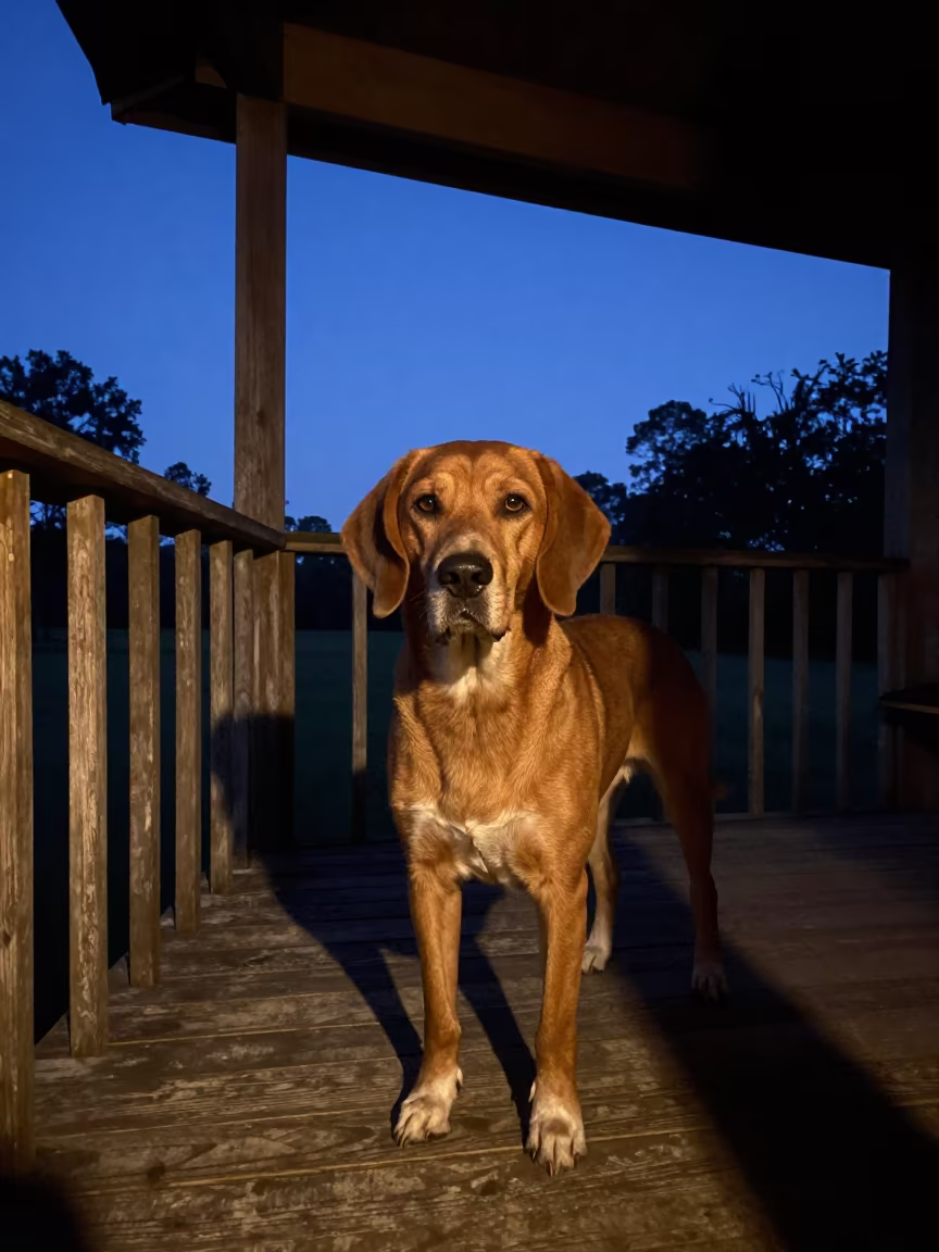 Redbone Coonhound Portrait on Shaded Cabinda Porch in on a shaded front porch with boards, railings, and eye-level framing near Cabinda