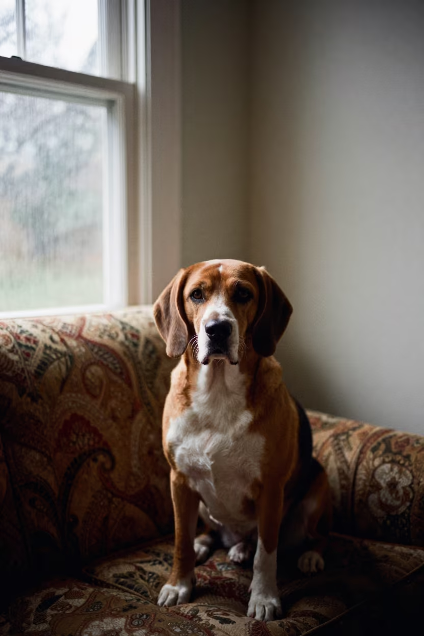 Redbone Coonhound Portrait on Sofa Near Window in on a sofa near a curtained window with calm indoor light near Bangalore