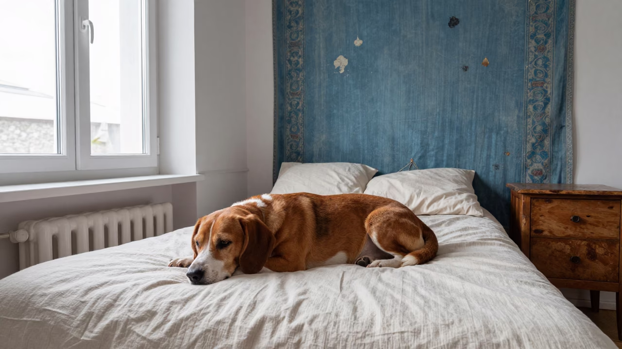 Redbone Coonhound Resting by Window in Innsbruck Home in on a bedspread near a bright window with calm indoor light in Innsbruck