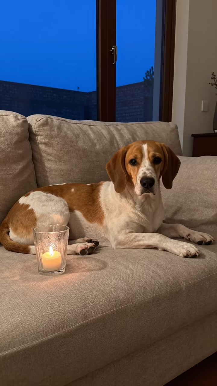 Redbone Coonhound Resting on Linen Sofa in on a linen sofa with daylight from a nearby window near Loja