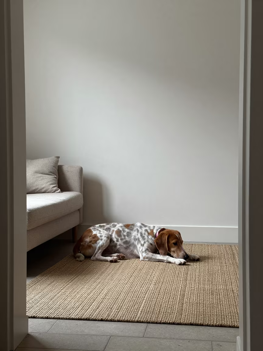 Redbone Coonhound Resting on Rug in Leicester Home in on a woven rug beside a low couch and an uncluttered wall in Leicester