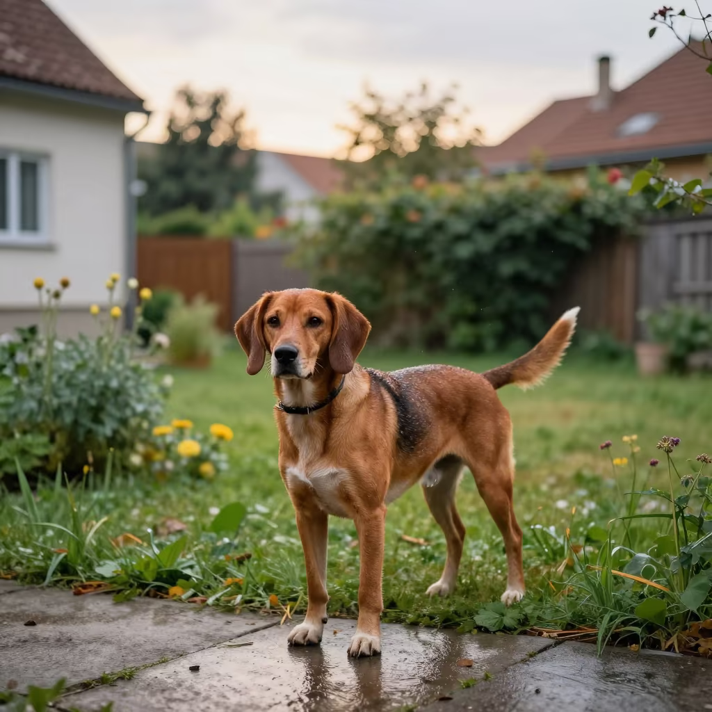 Redbone Coonhound Standing in Zagreb Garden Yard in near a garden edge with soft morning light and an uncluttered background in Zagreb