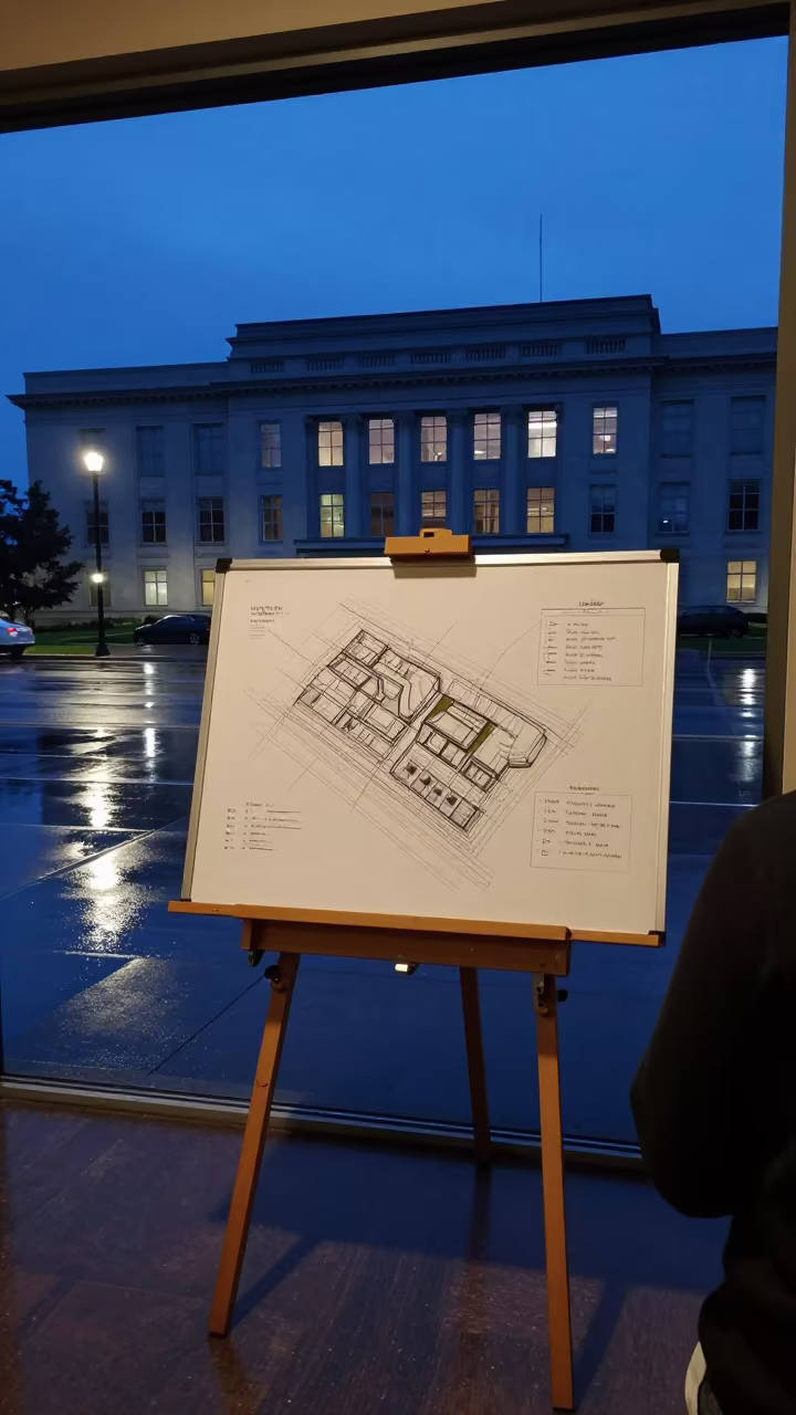 Redevelopment Drawings on Easel Under Floodlights in beneath government building floodlights near Anchorage