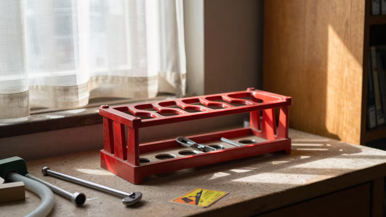 Redline Tube Rack on Chiba Library Table in on a dusty library table in Chiba
