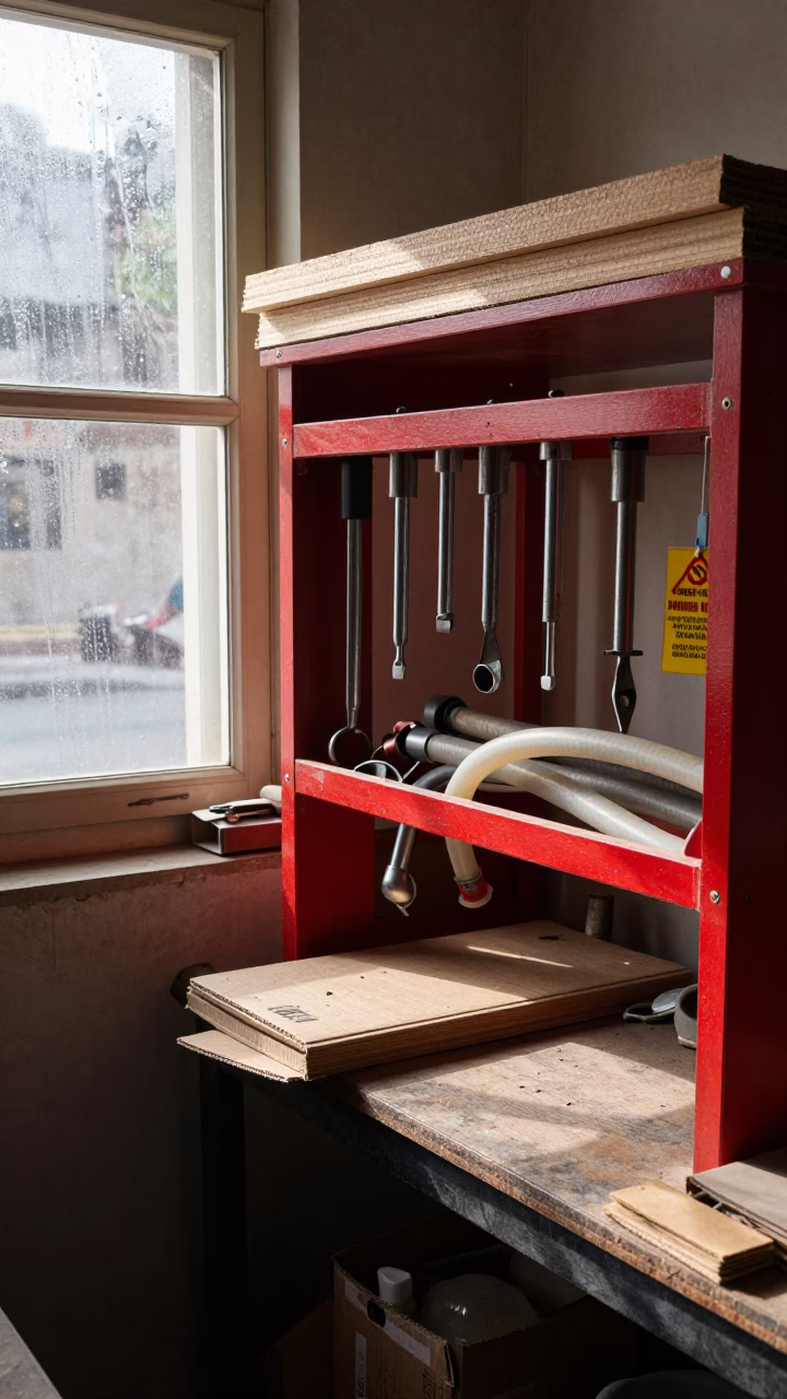 Redline Tube Rack with Tools on Multan Shelf in on a workshop shelf in Multan