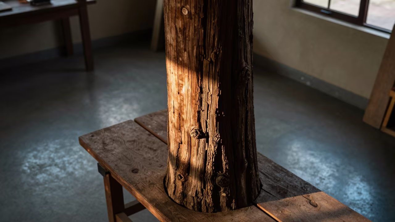 Redwood Trunk on Wooden Workbench in Hassan in on a wooden workbench in Hassan
