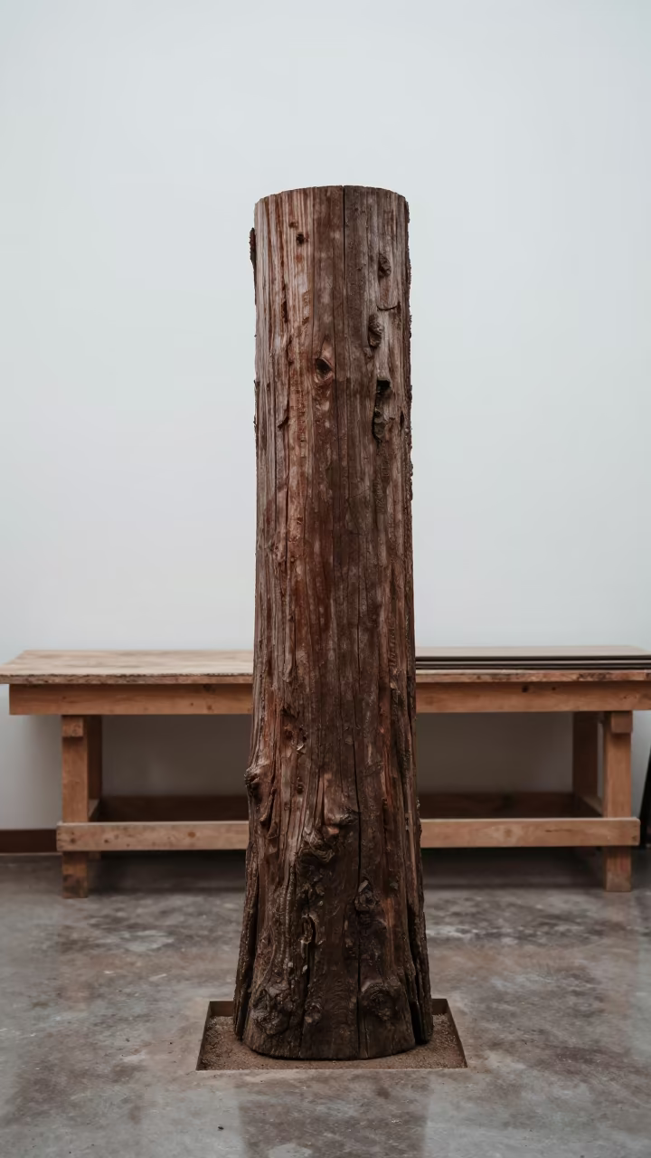 Redwood Trunk on Wooden Workbench Late Afternoon in on a wooden workbench near New York