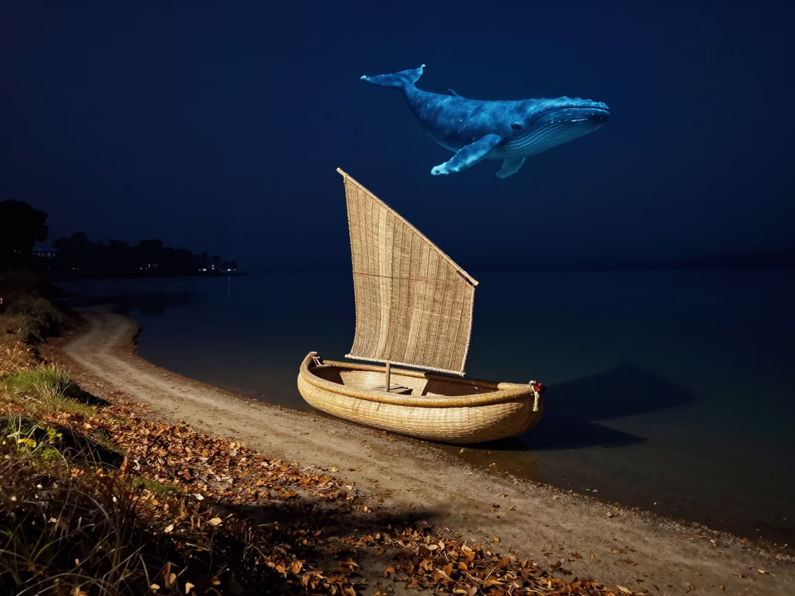 Reed Boat Under Whale Shadow Night Lake in along a switchback approach in Nepal