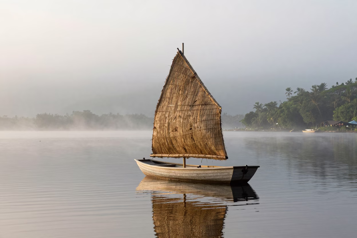 Reed Boat Woven Sail Connaught Place Fog in beside a fogbound harbor mouth near Connaught Place, Delhi