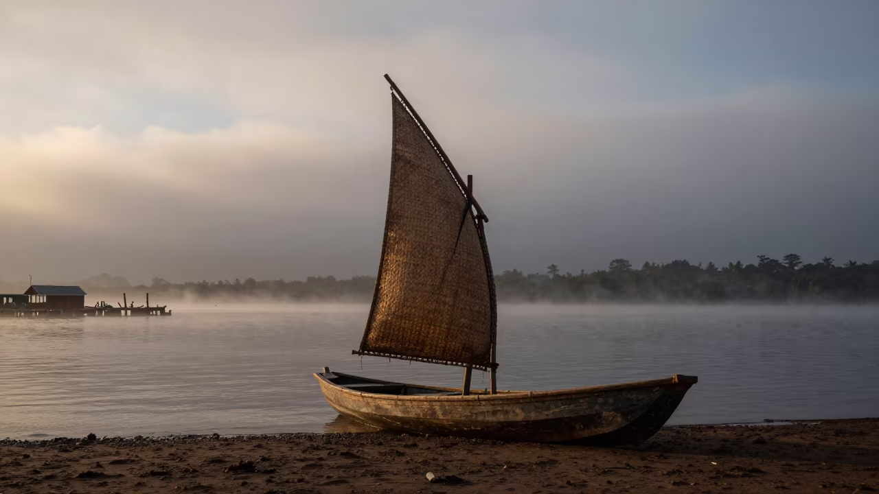 Reed Boat Woven Sail Dawn Harbor Abidjan in beside a fogbound harbor mouth near Abidjan