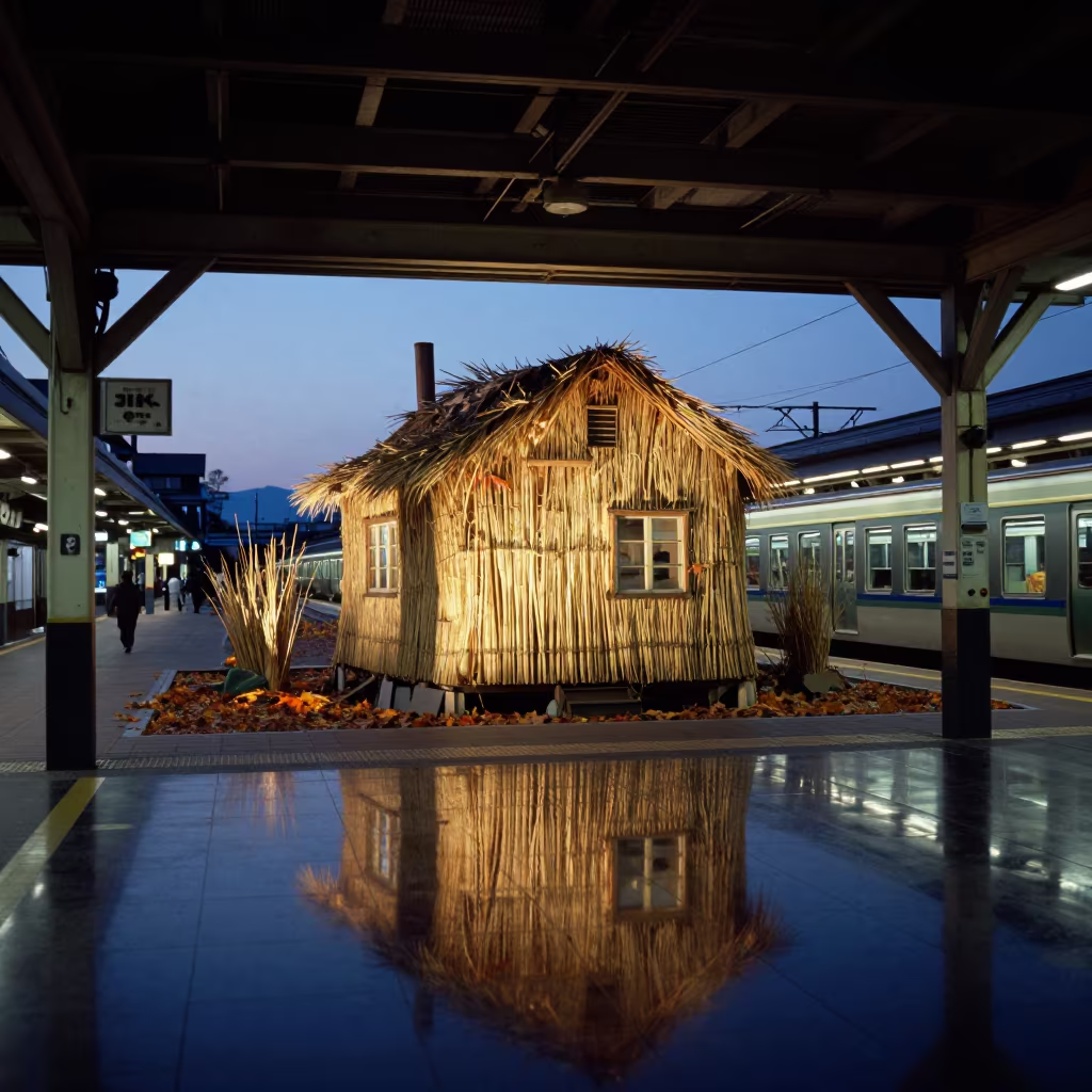 Reed House Floating in Yanaka Terminal Twilight in inside a restored train terminal in Yanaka, Tokyo