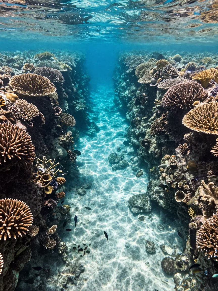 Reef Crevice Aerial View Stone Town in beside a reef crevice under clear water near Stone Town
