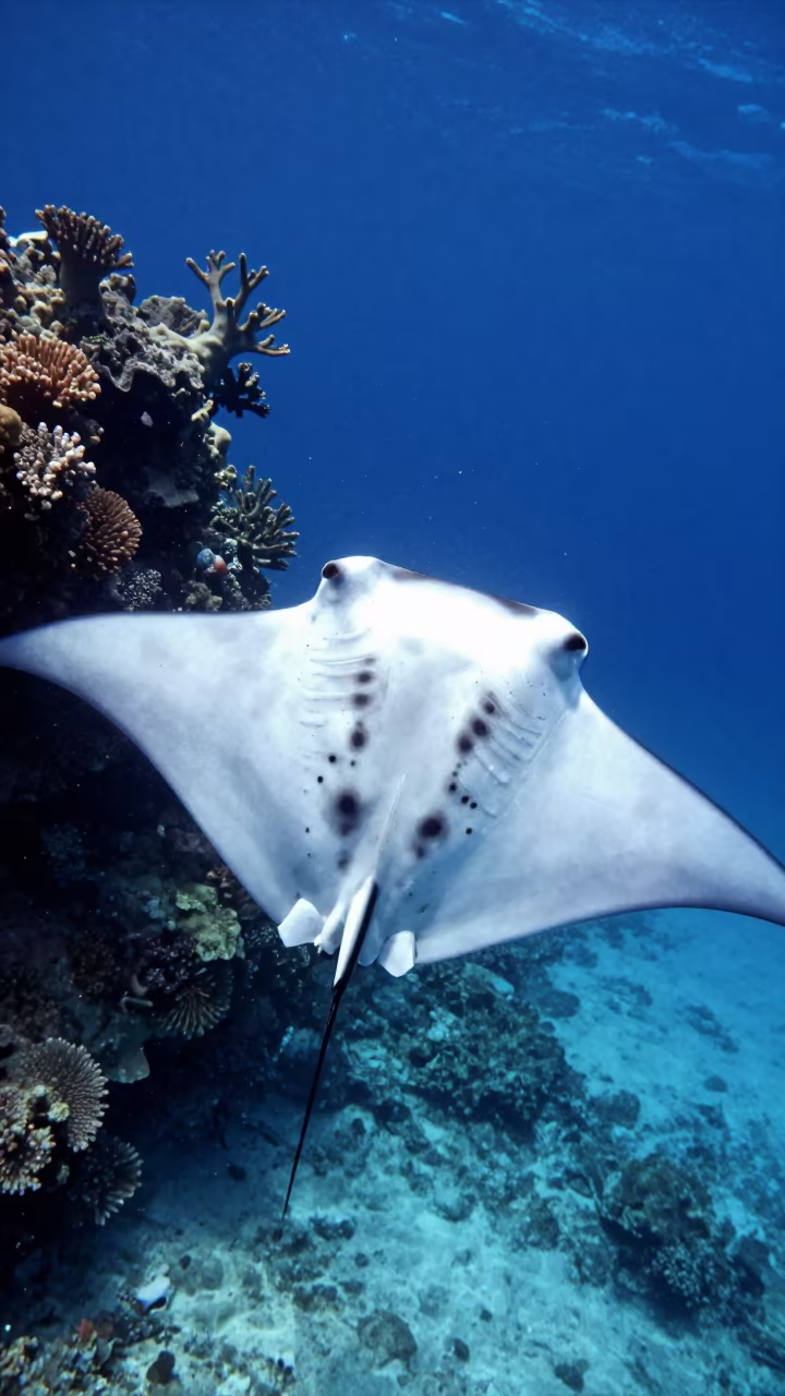 Reef Manta Ray Belly Markings Belize Coral Wall in along a coral wall with blue water beyond near Belize City