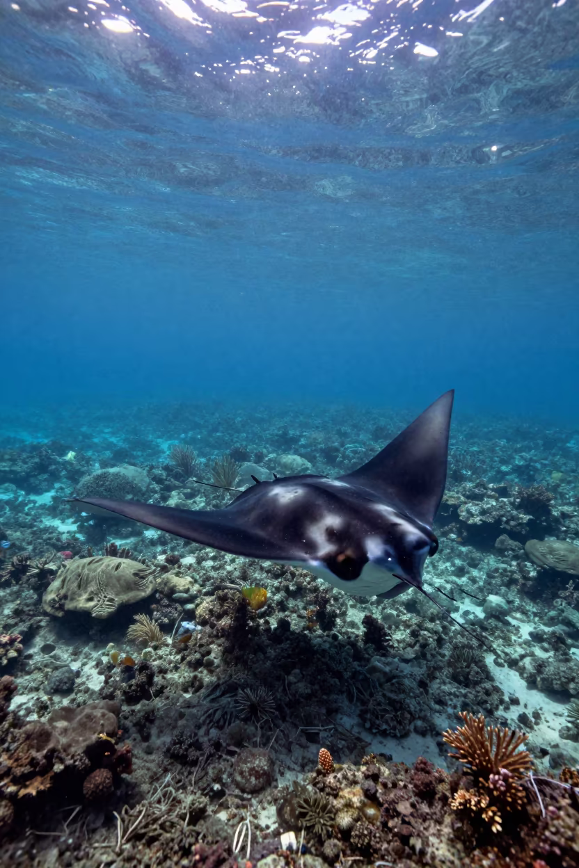 Reef Manta Ray Belly Markings Underwater Cairns in beneath a reef ledge in tropical shallows near Cairns