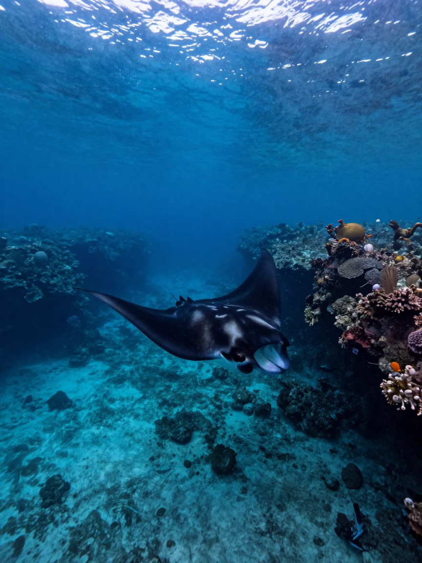 Reef Manta Ray Beside Reef Crevice Evening in beside a reef crevice under clear water near Denpasar