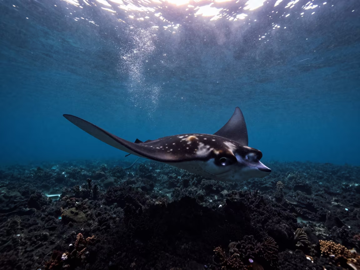Reef Manta Ray Over Volcanic Reef Cairns in beside a volcanic reef overhang near Cairns