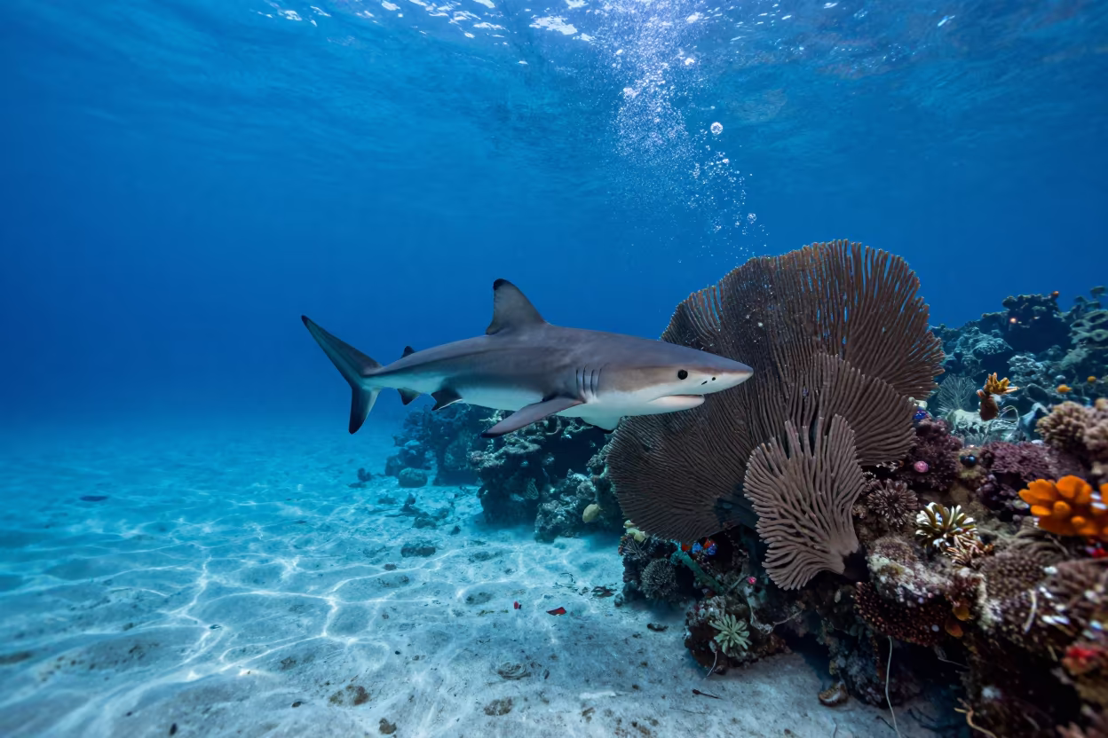 Reef Shark Above Sea Fan Wall at Twilight in beside a reef crevice under clear water near Zanzibar