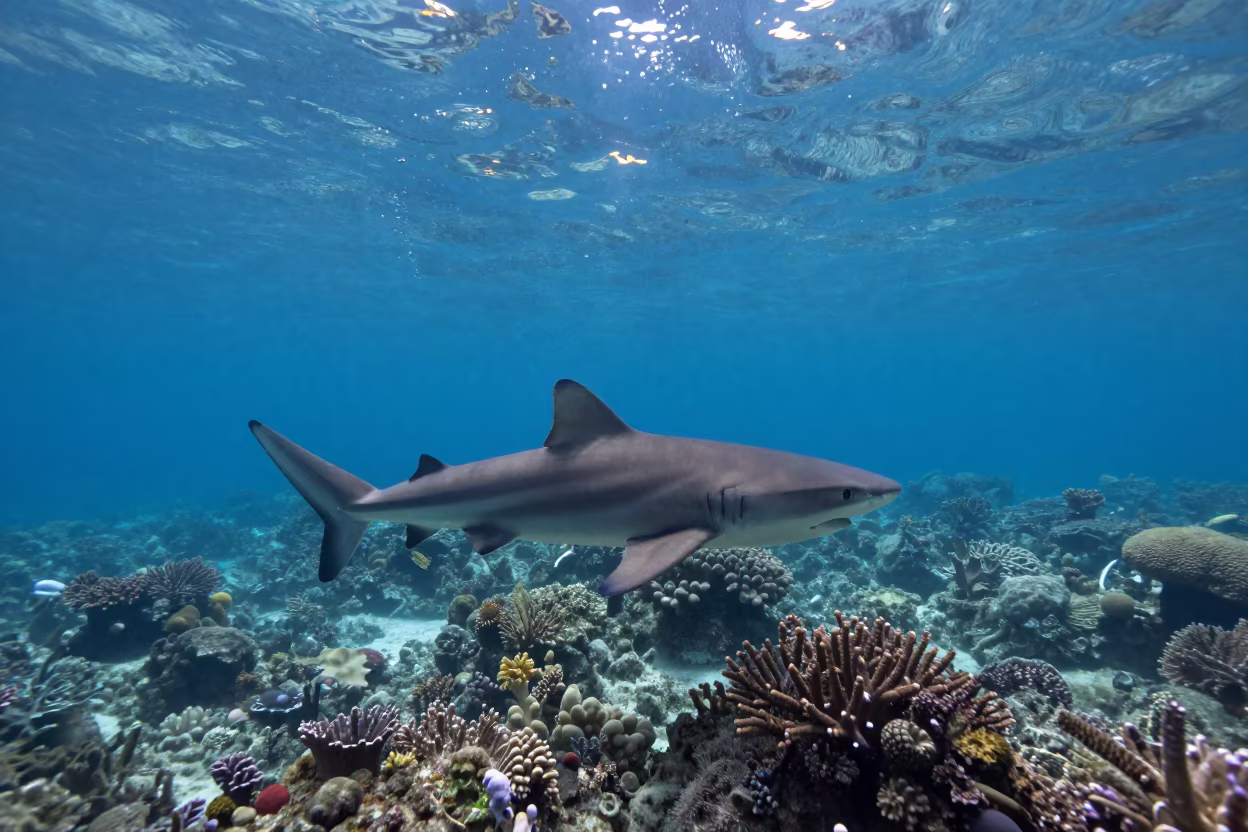 Reef Shark Above Coral Shelf Cebu in beside a reef crevice under clear water near Cebu
